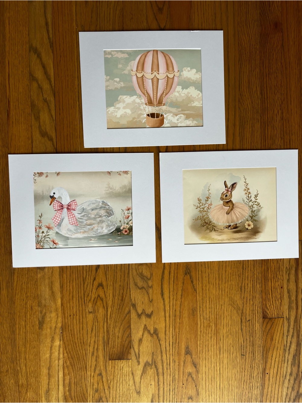 French Style VTG inspired Art print Set of 3 Swan, Bunny, Air Balloon 11x14”
